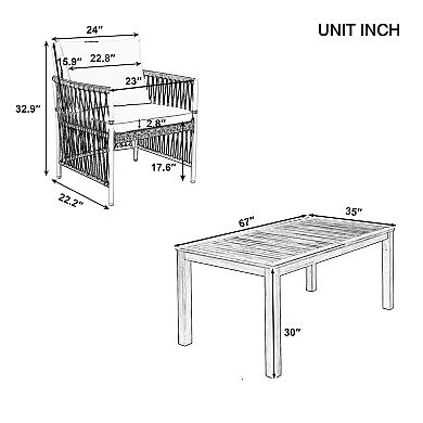 Trikiousd 67" Outdoor Patio Wooden Dining Table Set with Rattan Chairs and Cushions