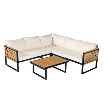 Trikiousd 4 pc Acacia Wood and Metal Patio Sofa Corner Set with Cushions and Table