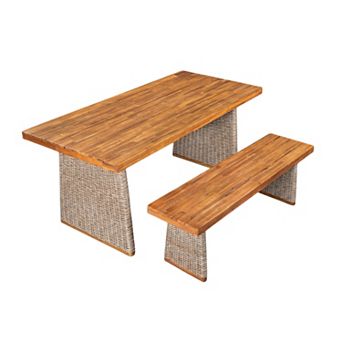 Trikiousd Acacia Wood Patio Dining Table Set with Bench and Rattan Legs