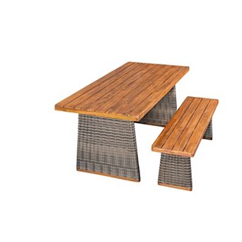 Trikiousd Acacia Wood Patio Dining Table Set with Bench and Rattan Legs