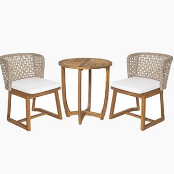 Trikiousd 3 pc Outdoor Dining Set Acacia Wood Round Table and Wicker Chairs with Cushions