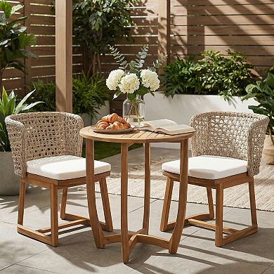Trikiousd 3-Piece Outdoor Dining Set Acacia Wood Round Table and Wicker Chairs with Cushions