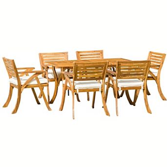 Trikiousd 7 pc Patio Acacia Wood Dining Set with Cushions Outdoor Table and 6 Chairs
