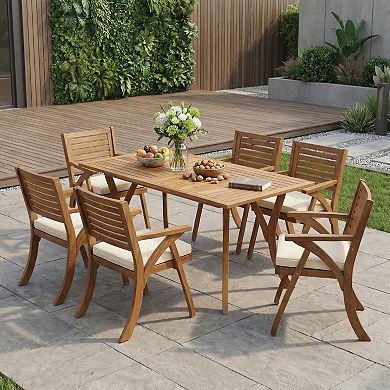 Trikiousd 7-Piece Patio Acacia Wood Dining Set with Cushions Outdoor Table and 6 Chairs