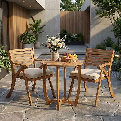 Trikiousd 3-Piece Patio Acacia Wood Dining Set with Cushions Bistro Table and 2 Chairs