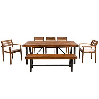 Trikiousd 7 pc Acacia Wood Outdoor Patio Dining Set with Cushions, Chairs and Bench