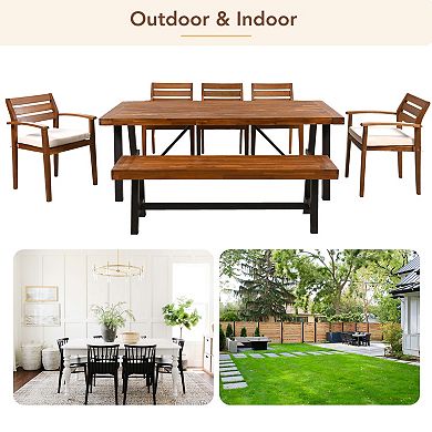 Trikiousd 7-Piece Acacia Wood Outdoor Patio Dining Set with Cushions, Chairs and Bench