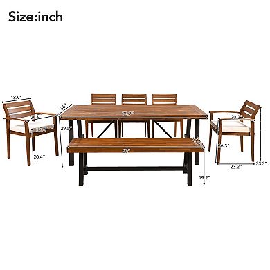 Trikiousd 7-Piece Acacia Wood Outdoor Patio Dining Set with Cushions, Chairs and Bench
