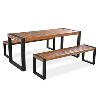 Trikiousd 3 pc Outdoor Patio Dining Set Acacia Wood Table and Benches with Steel Frame