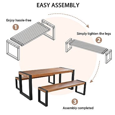 Trikiousd 3-Piece Outdoor Patio Dining Set Acacia Wood Table and Benches with Steel Frame