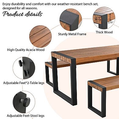 Trikiousd 3-Piece Outdoor Patio Dining Set Acacia Wood Table and Benches with Steel Frame