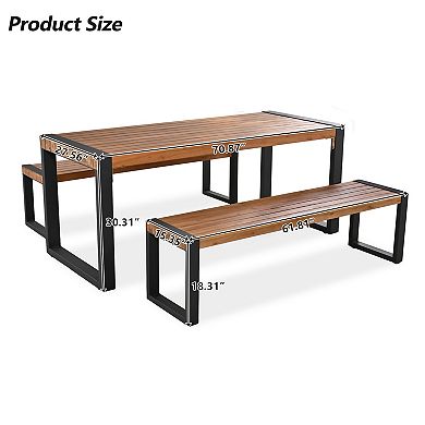 Trikiousd 3-Piece Outdoor Patio Dining Set Acacia Wood Table and Benches with Steel Frame
