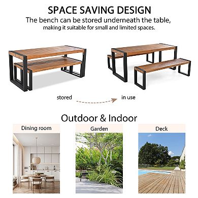 Trikiousd 3-Piece Outdoor Patio Dining Set Acacia Wood Table and Benches with Steel Frame