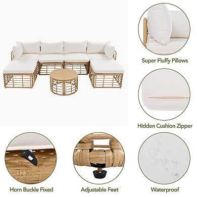 Trikiousd 7-Piece Outdoor Rattan Sectional Sofa Set with Cushions and Coffee Table