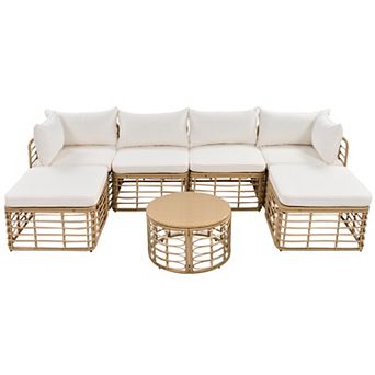 Trikiousd 7 pc Outdoor Rattan Sectional Sofa Set with Cushions and Coffee Table