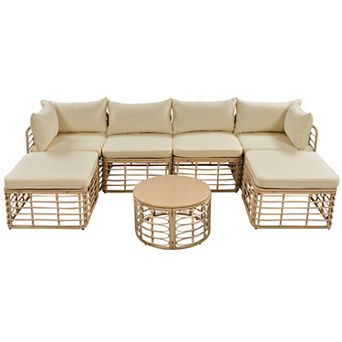 Trikiousd 7 pc Outdoor Rattan Sectional Sofa Set with Cushions and Coffee Table