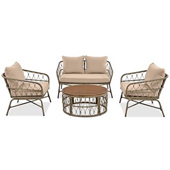 Trikiousd 4-Person Boho Patio Wicker Conversation Sofa Set with Cushions and Wood Table