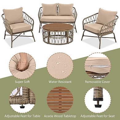 Trikiousd 4-Person Boho Patio Wicker Conversation Sofa Set with Cushions and Wood Table