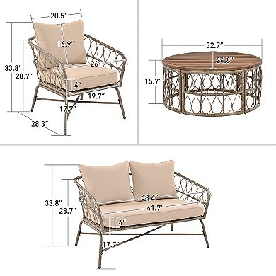 Trikiousd 4-Person Boho Patio Wicker Conversation Sofa Set with Cushions and Wood Table
