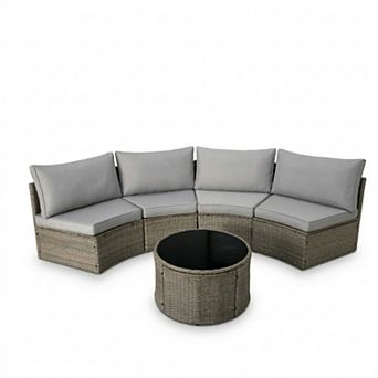 Trikiousd Half Moon Patio Rattan Sectional Sofa Set with Cushions and Coffee Table