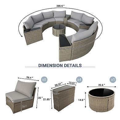 Trikiousd Half Moon Patio Rattan Sectional Sofa Set with Cushions and Coffee Table