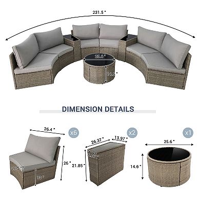 Trikiousd Half Moon Patio Rattan Sectional Sofa Set with Cushions and Coffee Table
