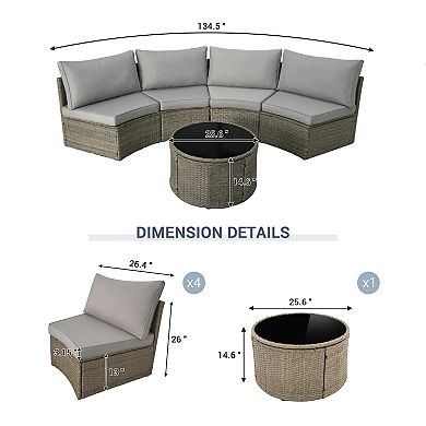 Trikiousd Half Moon Patio Rattan Sectional Sofa Set with Cushions and Coffee Table