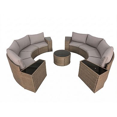 Trikiousd Half Moon Patio Rattan Sectional Sofa Set with Cushions and Coffee Table