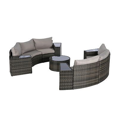 Trikiousd 11-Piece Half Moon Patio Rattan Sofa Set with Glass Coffee Table and Cushions