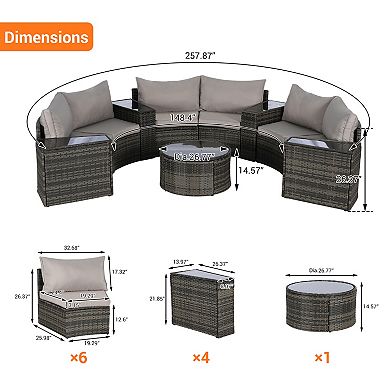 Trikiousd 11-Piece Half Moon Patio Rattan Sofa Set with Glass Coffee Table and Cushions