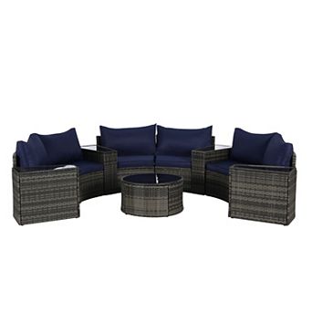 Trikiousd 11 pc Half Moon Patio Rattan Sofa Set with Glass Coffee Table and Cushions