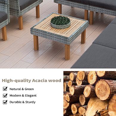 Trikiousd 9-Piece Outdoor Conversation Set Patio Rattan Sectional Sofa Set with Wood Legs & Cushions