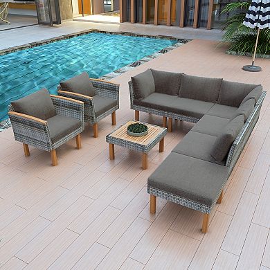 Trikiousd 9-Piece Outdoor Conversation Set Patio Rattan Sectional Sofa Set with Wood Legs & Cushions
