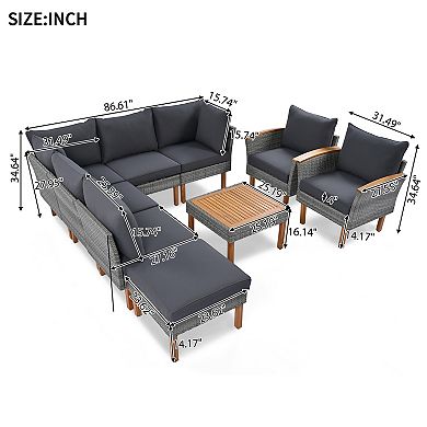 Trikiousd 9-Piece Outdoor Conversation Set Patio Rattan Sectional Sofa Set with Wood Legs & Cushions