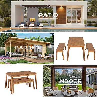 Trikiousd 3-Piece Acacia Wood Dining Set with Dining Table and Bench Set for Indoor Outdoor