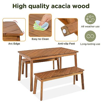 Trikiousd 3-Piece Acacia Wood Dining Set with Dining Table and Bench Set for Indoor Outdoor