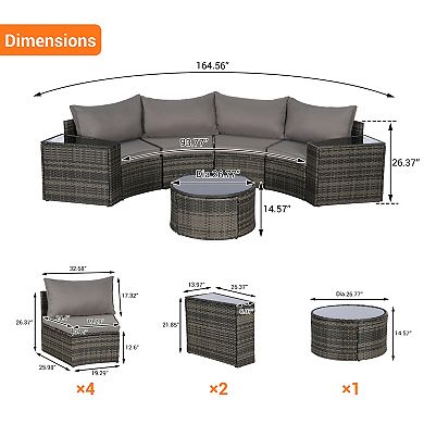 Trikiousd 7-Piece Half Moon Patio Rattan Sofa Set with Glass Coffee Table and Cushions