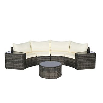Trikiousd 7 pc Half Moon Patio Rattan Sofa Set with Glass Coffee Table and Cushions