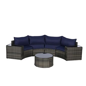 Trikiousd 7 pc Half Moon Patio Rattan Sofa Set with Glass Coffee Table and Cushions