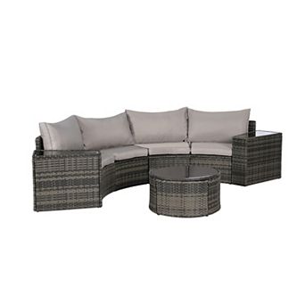 Trikiousd 7 pc Half Moon Patio Rattan Sofa Set with Glass Coffee Table and Cushions