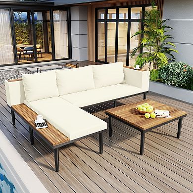 Trikiousd L-Shaped Outdoor Patio Conversation Sectional Sofa Set with Table and Cushions