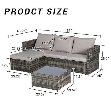 Trikiousd 3-Piece Patio Sectional Sofa Set with Cushions, Ottoman and Coffee Table