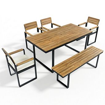 Trikiousd 6 pc Outdoor Patio Dining Set with Acacia Wood 1 Table, 4 Chairs & 1 Bench