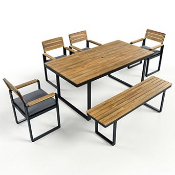 Trikiousd 6 pc Outdoor Patio Dining Set with Acacia Wood 1 Table, 4 Chairs & 1 Bench