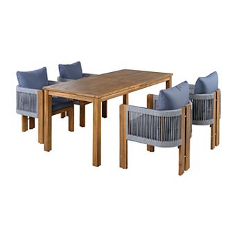 Trikiousd 5 pc Acacia Wood Outdoor Patio Dining Set with Rope Chairs and Cushions for 4