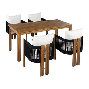Trikiousd 5 pc Acacia Wood Outdoor Patio Dining Set with Rope Chairs and Cushions for 4