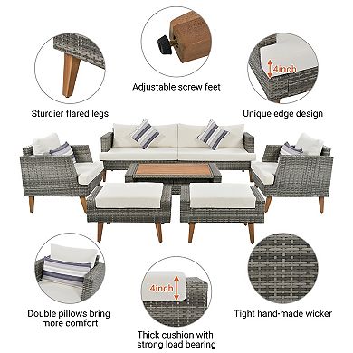 Trikiousd 6-Piece Outdoor All Weather PE Wicker Sofa Set with Cushions Wood Legs and Table