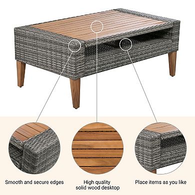 Trikiousd 6-Piece Outdoor All Weather PE Wicker Sofa Set with Cushions Wood Legs and Table