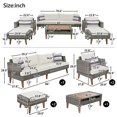 Trikiousd 6-Piece Outdoor All Weather PE Wicker Sofa Set with Cushions Wood Legs and Table