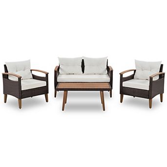 Trikiousd 4 pc Outdoor Wicker Sofa Set with Wood Table and Cushions